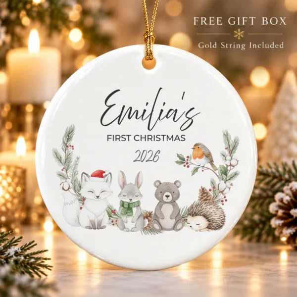Personalized Baby Name Christmas Ornament with Woodland Animals — alternate product mockup personalized baby name Christmas ornament with woodland animals product image product photo