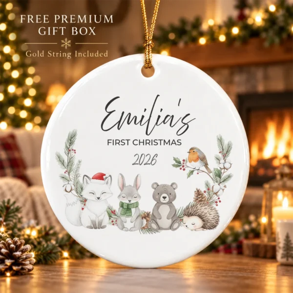 Personalized Baby Name Christmas Ornament with Woodland Animals — alternate product mockup personalized baby name Christmas ornament with woodland animals product image product photo