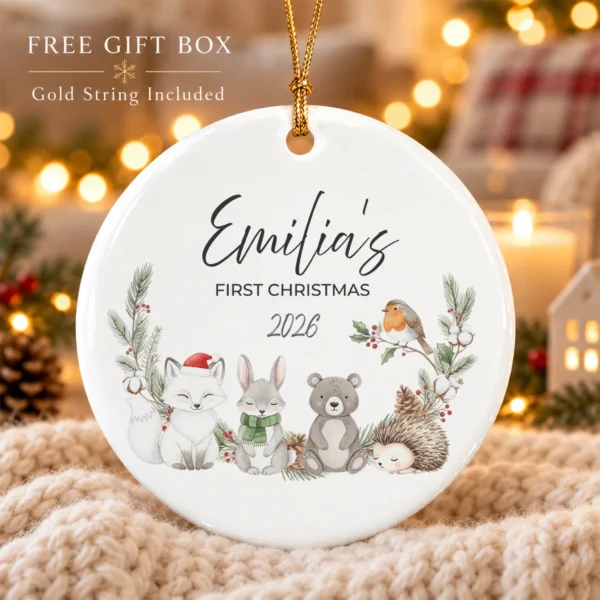 Personalized Baby Name Christmas Ornament with Woodland Animals — alternate product mockup personalized baby name Christmas ornament with woodland animals product image product photo