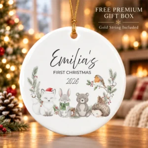 personalized baby name Christmas ornament with woodland animals product image