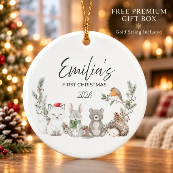 personalized baby name Christmas ornament with woodland animals product image