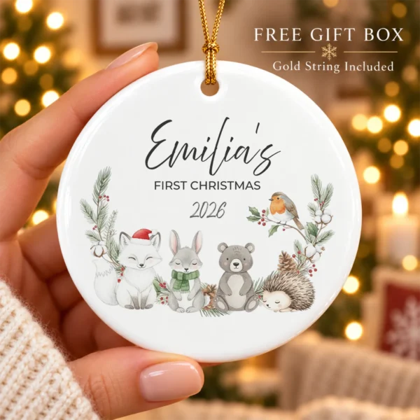 Personalized Baby Name Christmas Ornament with Woodland Animals — alternate product mockup personalized baby name Christmas ornament with woodland animals product image product photo