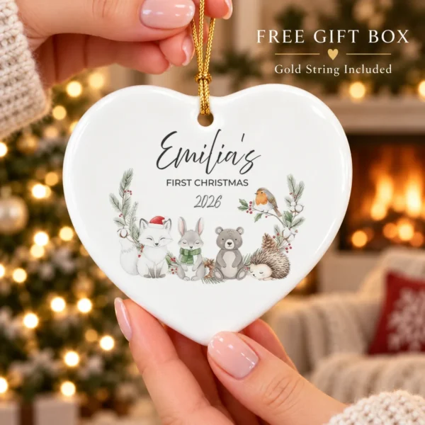 Personalized Baby Name Christmas Ornament with Woodland Animals — alternate product mockup personalized baby name Christmas ornament with woodland animals product image product photo