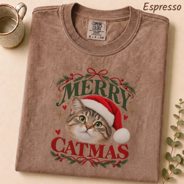 Personalized Cat Christmas Sweatshirt, Custom Pet Photo Catmas Shirt — alternate product mockup Personalized Cat Christmas Sweatshirt t-shirt close-up detail
