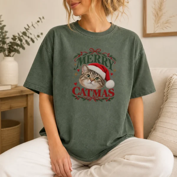 Personalized Cat Christmas Sweatshirt, Custom Pet Photo Catmas Shirt — lifestyle mockup Personalized Cat Christmas Sweatshirt t-shirt lifestyle scene