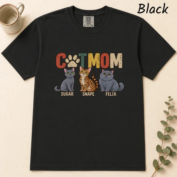 Personalized Cat Mom Shirt, Custom Cat Lover Hoodie & Sweatshirt — alternate product mockup personalized cat mom shirt t-shirt flat lay view