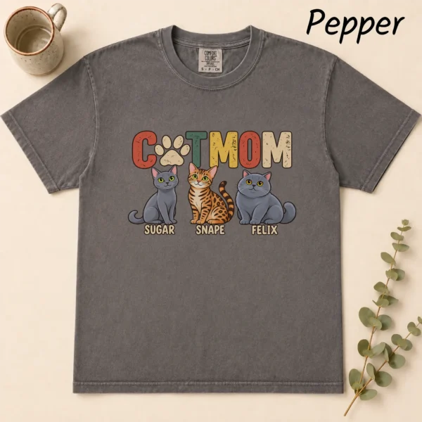 Personalized Cat Mom Shirt, Custom Cat Lover Hoodie & Sweatshirt — alternate product mockup personalized cat mom shirt t-shirt flat lay view