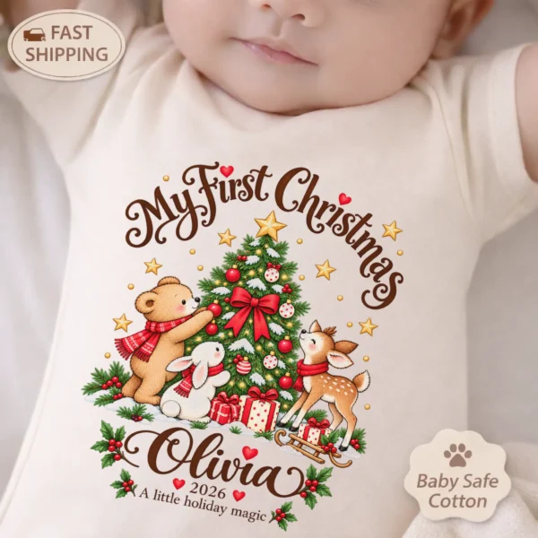 Personalized Tree My First Christmas Baby Bodysuit — baby bodysuit mockup personalized Christmas tree baby bodysuit lifestyle scene
