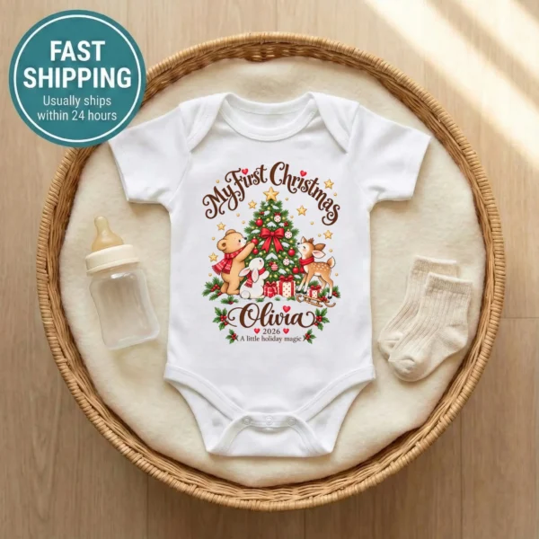 Personalized Tree My First Christmas Baby Bodysuit — baby bodysuit mockup personalized Christmas tree baby bodysuit product photo