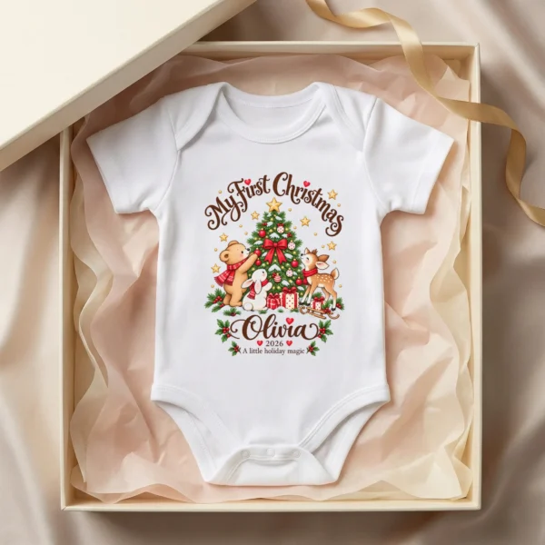 Personalized Tree My First Christmas Baby Bodysuit — baby bodysuit mockup personalized Christmas tree baby bodysuit product photo