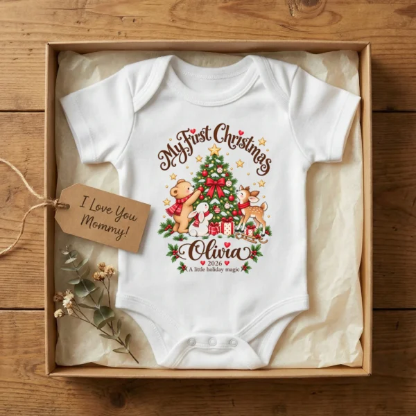 Personalized Tree My First Christmas Baby Bodysuit — baby bodysuit mockup personalized Christmas tree baby bodysuit product photo