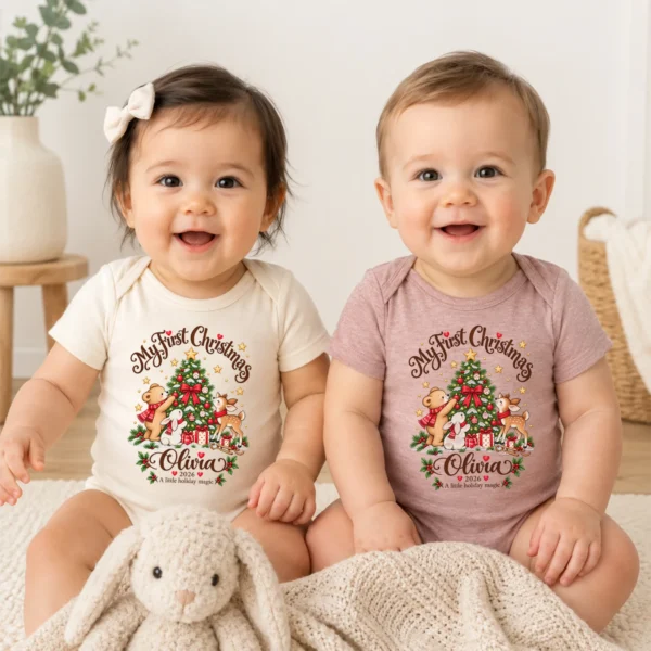 Personalized Tree My First Christmas Baby Bodysuit — baby bodysuit mockup personalized Christmas tree baby bodysuit model mockup