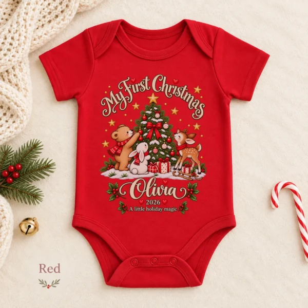 Personalized Tree My First Christmas Baby Bodysuit — alternate product mockup personalized Christmas tree baby bodysuit color options