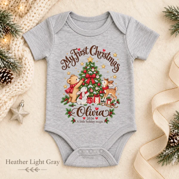 Personalized Tree My First Christmas Baby Bodysuit — alternate product mockup personalized Christmas tree baby bodysuit color options