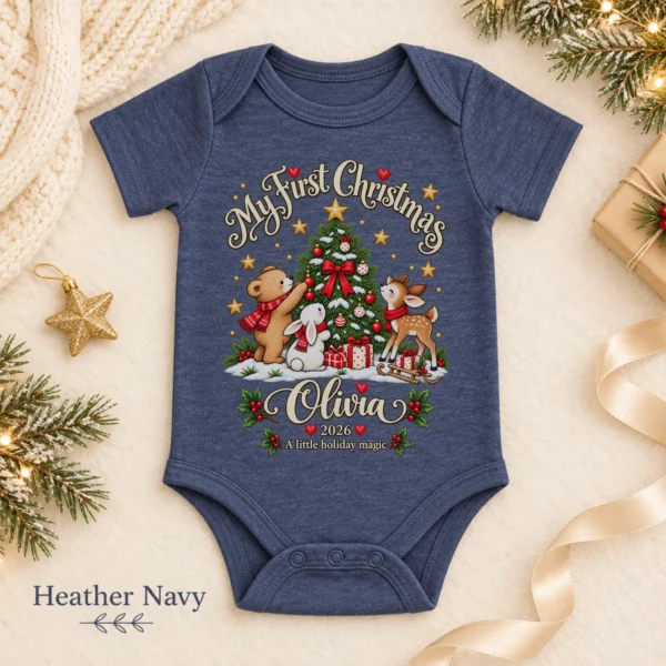 Personalized Tree My First Christmas Baby Bodysuit — alternate product mockup personalized Christmas tree baby bodysuit color options
