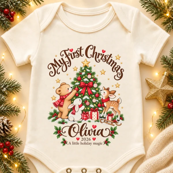 Personalized Tree My First Christmas Baby Bodysuit — alternate product mockup personalized Christmas tree baby bodysuit product photo