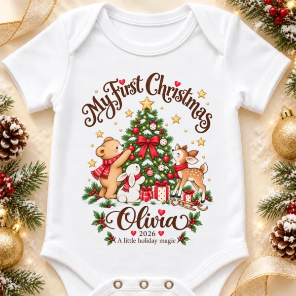 Personalized Tree My First Christmas Baby Bodysuit — alternate product mockup personalized Christmas tree baby bodysuit product photo