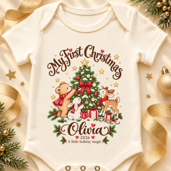 Personalized Tree My First Christmas Baby Bodysuit — alternate product mockup personalized Christmas tree baby bodysuit product photo