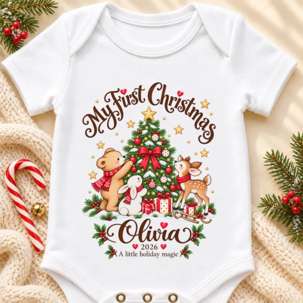 Personalized Tree My First Christmas Baby Bodysuit — alternate product mockup personalized Christmas tree baby bodysuit close-up detail