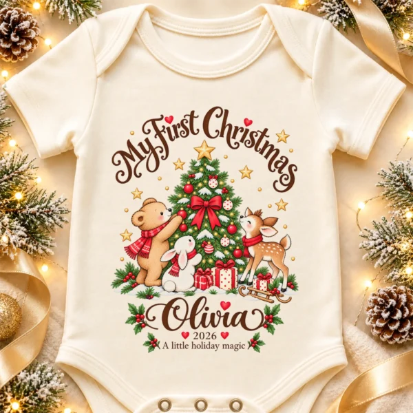 Personalized Tree My First Christmas Baby Bodysuit — alternate product mockup personalized Christmas tree baby bodysuit product photo