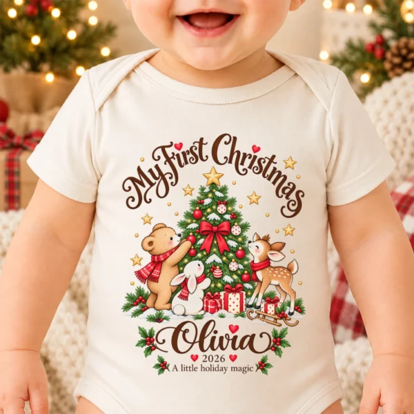 Personalized Tree My First Christmas Baby Bodysuit — alternate product mockup personalized Christmas tree baby bodysuit product photo