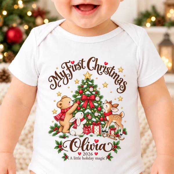 Personalized Tree My First Christmas Baby Bodysuit — alternate product mockup personalized Christmas tree baby bodysuit front view