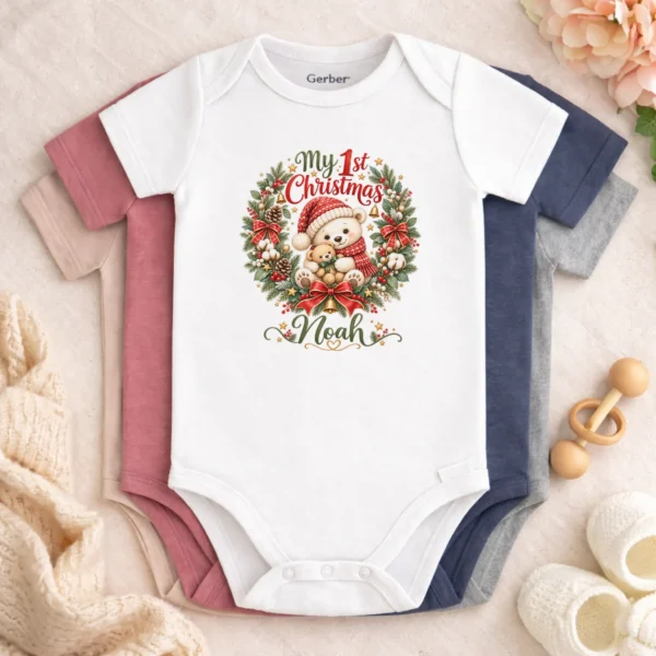 Personalized First Christmas Baby Bodysuit with Teddy Bear Wreath — baby bodysuit mockup personalized first Christmas baby bodysuit color options