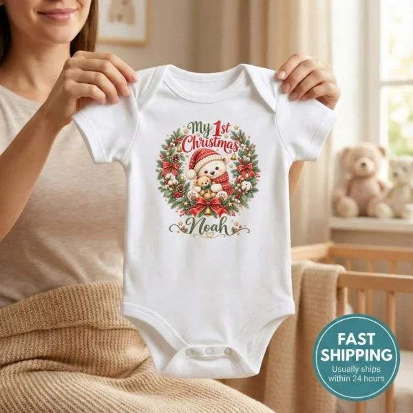 Personalized First Christmas Baby Bodysuit with Teddy Bear Wreath — baby bodysuit mockup personalized first Christmas baby bodysuit product photo