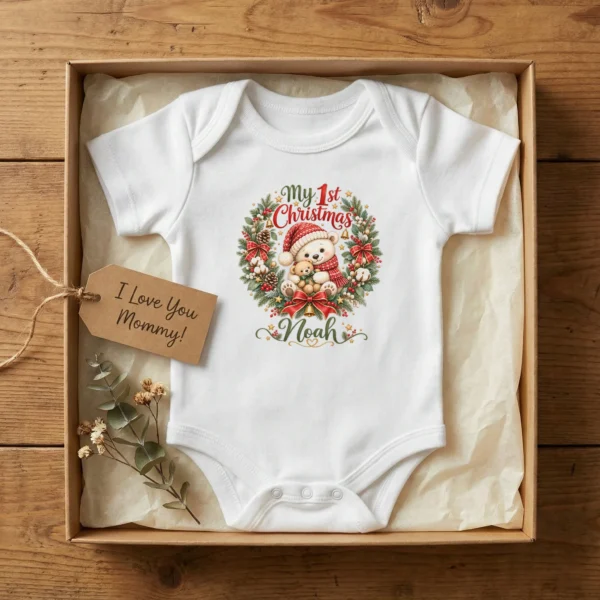 Personalized First Christmas Baby Bodysuit with Teddy Bear Wreath — baby bodysuit mockup personalized first Christmas baby bodysuit front view