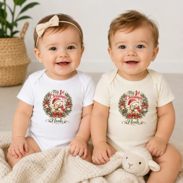 Personalized First Christmas Baby Bodysuit with Teddy Bear Wreath — baby bodysuit mockup personalized first Christmas baby bodysuit model mockup