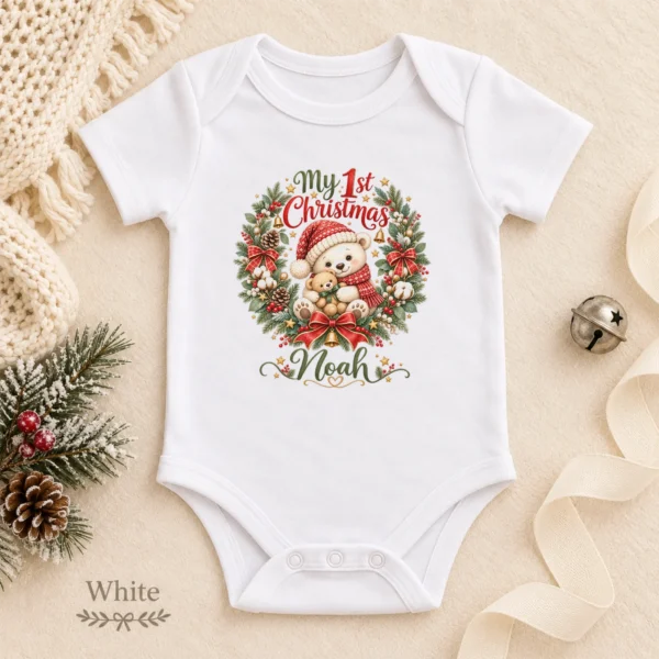 Personalized First Christmas Baby Bodysuit with Teddy Bear Wreath — alternate product mockup personalized first Christmas baby bodysuit color options