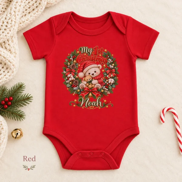Personalized First Christmas Baby Bodysuit with Teddy Bear Wreath — alternate product mockup personalized first Christmas baby bodysuit color options