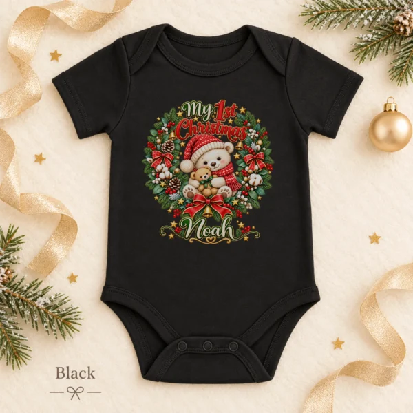 Personalized First Christmas Baby Bodysuit with Teddy Bear Wreath — alternate product mockup personalized first Christmas baby bodysuit color options