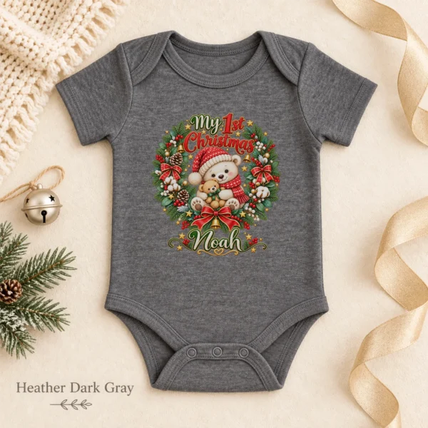 Personalized First Christmas Baby Bodysuit with Teddy Bear Wreath — alternate product mockup personalized first Christmas baby bodysuit color options