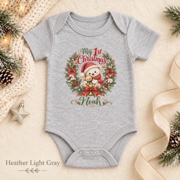 Personalized First Christmas Baby Bodysuit with Teddy Bear Wreath — alternate product mockup personalized first Christmas baby bodysuit color options