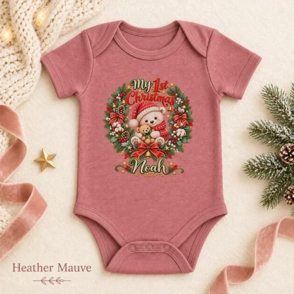 Personalized First Christmas Baby Bodysuit with Teddy Bear Wreath — alternate product mockup personalized first Christmas baby bodysuit color options