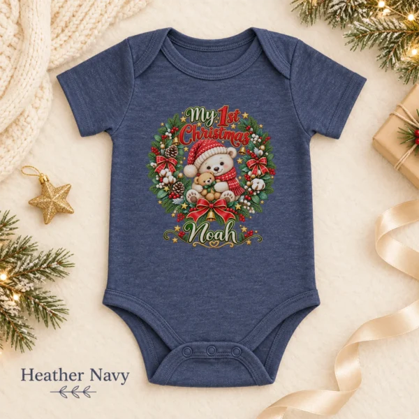 Personalized First Christmas Baby Bodysuit with Teddy Bear Wreath — alternate product mockup personalized first Christmas baby bodysuit color options