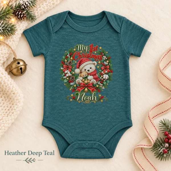 Personalized First Christmas Baby Bodysuit with Teddy Bear Wreath — alternate product mockup personalized first Christmas baby bodysuit color options