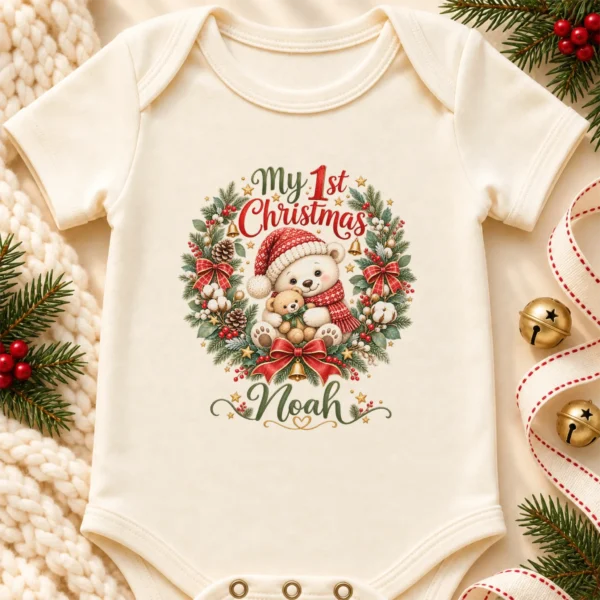 Personalized First Christmas Baby Bodysuit with Teddy Bear Wreath — alternate product mockup personalized first Christmas baby bodysuit product photo