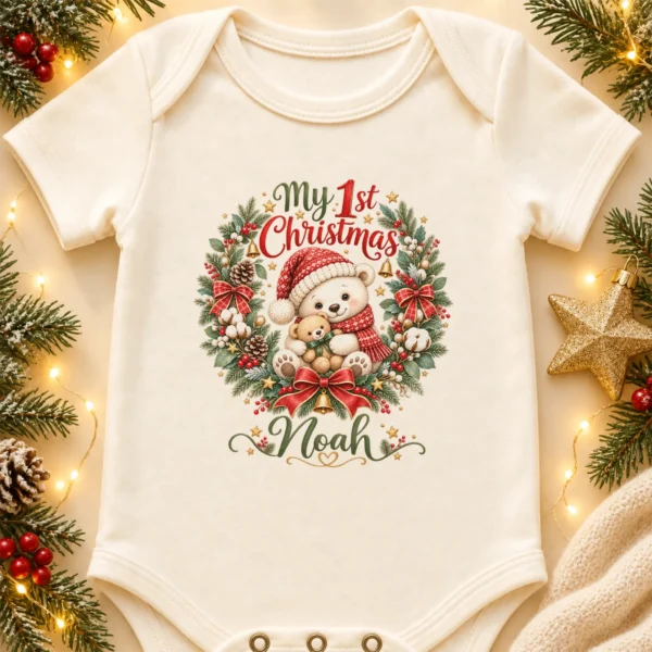Personalized First Christmas Baby Bodysuit with Teddy Bear Wreath — alternate product mockup personalized first Christmas baby bodysuit product photo