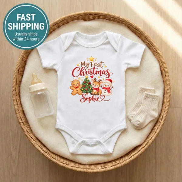 Personalized First Christmas Baby Bodysuit with Reindeer and Snowman — baby bodysuit mockup personalized first Christmas baby bodysuit product detail