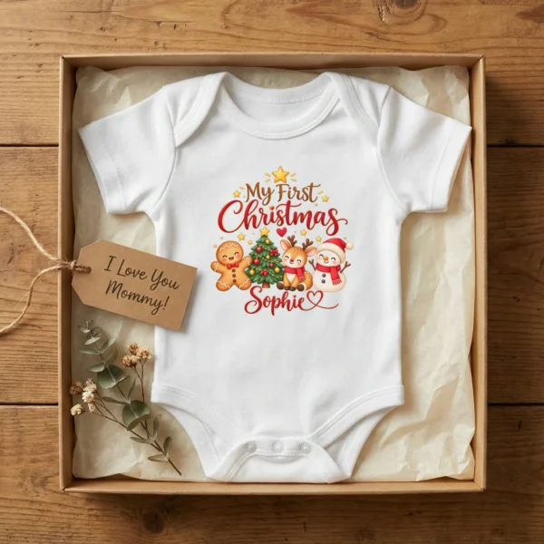 Personalized First Christmas Baby Bodysuit with Reindeer and Snowman — baby bodysuit mockup personalized first Christmas baby bodysuit product photo