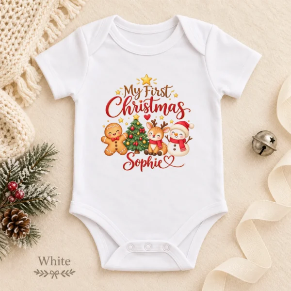 Personalized First Christmas Baby Bodysuit with Reindeer and Snowman — alternate product mockup personalized first Christmas baby bodysuit color options