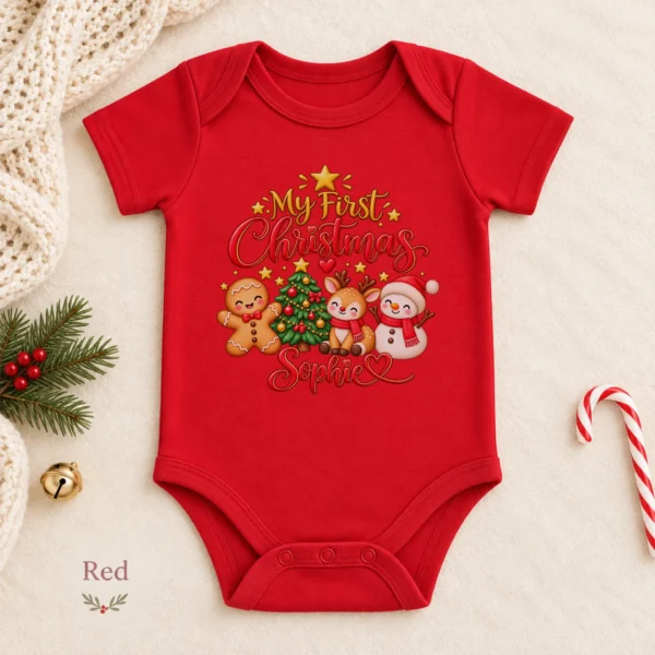 Personalized First Christmas Baby Bodysuit with Reindeer and Snowman — alternate product mockup personalized first Christmas baby bodysuit color options