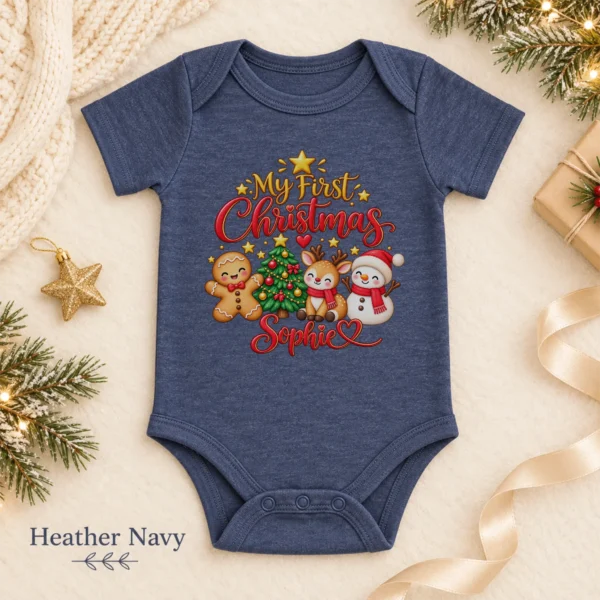 Personalized First Christmas Baby Bodysuit with Reindeer and Snowman — alternate product mockup personalized first Christmas baby bodysuit color options