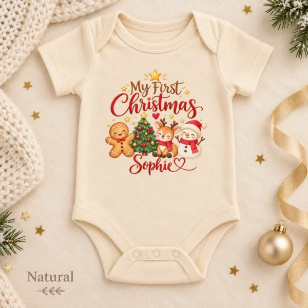Personalized First Christmas Baby Bodysuit with Reindeer and Snowman — alternate product mockup personalized first Christmas baby bodysuit color options