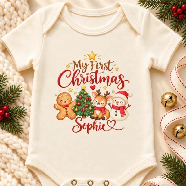 Personalized First Christmas Baby Bodysuit with Reindeer and Snowman — product mockup personalized first Christmas baby bodysuit front view