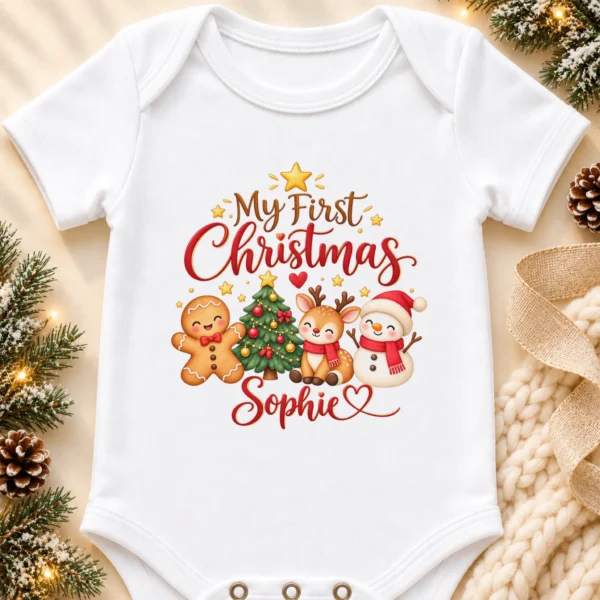 Personalized First Christmas Baby Bodysuit with Reindeer and Snowman — alternate product mockup personalized first Christmas baby bodysuit alternate angle