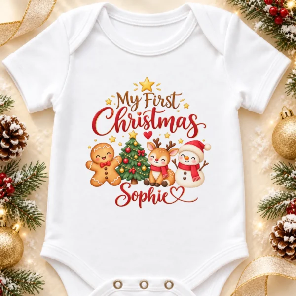 Personalized First Christmas Baby Bodysuit with Reindeer and Snowman — alternate product mockup personalized first Christmas baby bodysuit product photo