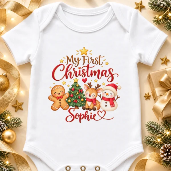 Personalized First Christmas Baby Bodysuit with Reindeer and Snowman — alternate product mockup personalized first Christmas baby bodysuit product photo